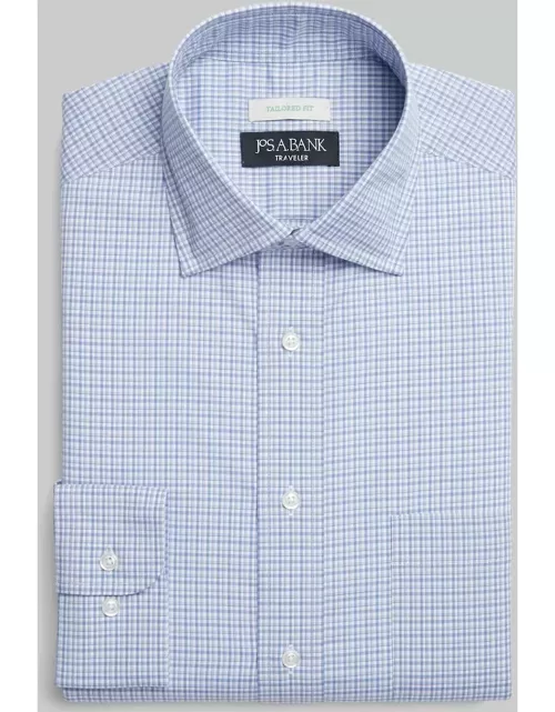 JoS. A. Bank Men's Traveler Collection Tailored Fit Spread Collar Tattersall Spread Collar Dress Shirt, Blue, 15 1/2 32