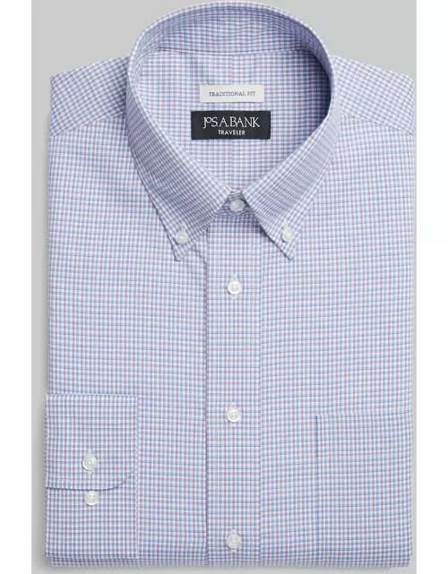 JoS. A. Bank Big & Tall Men's Traveler Collection Traditional Fit Tattersall Button-Down Collar Dress Shirt , Light Purple, 18 34