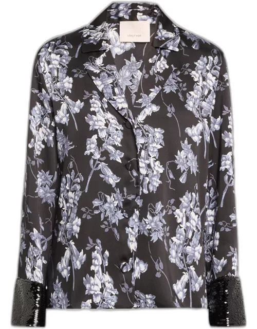 Phoebe Coastal Floral Collared Sequin-Cuff Top