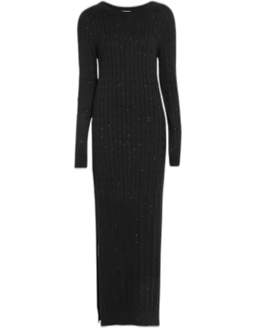 Paillette Cotton Cable-Knit Long-Sleeve Slits Sweater Gown