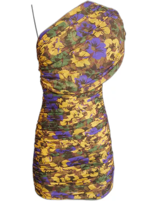 One-Shoulder Ruched Floral-Print Mini Dres