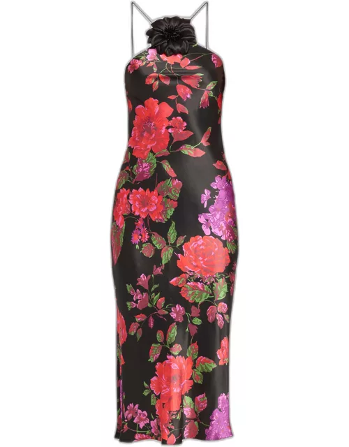 Floral Printed Silk Bias Midi Dress with Neck Flower