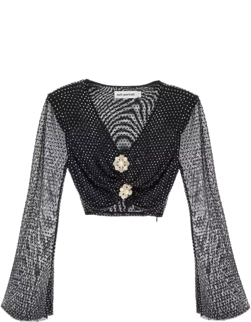 SELF PORTRAIT Rhinestone-studded cropped top with diamanté brooche