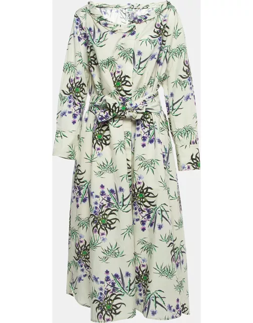 Kenzo Off White Floral Print Cotton & Linen Belted Maxi Dress
