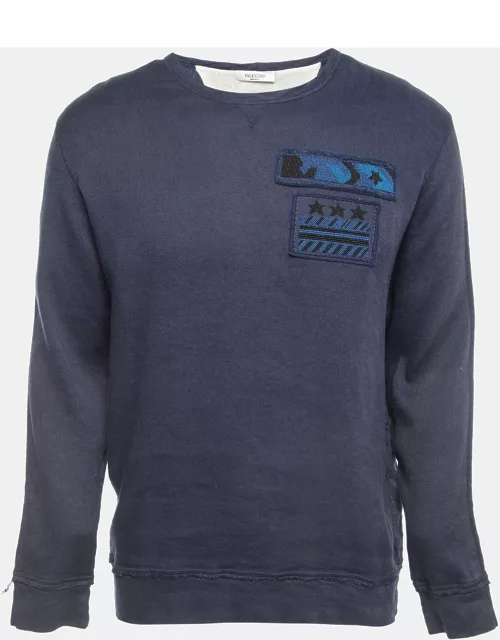 Valentino Navy Blue Distressed Linen Blend Beaded Sweatshirt