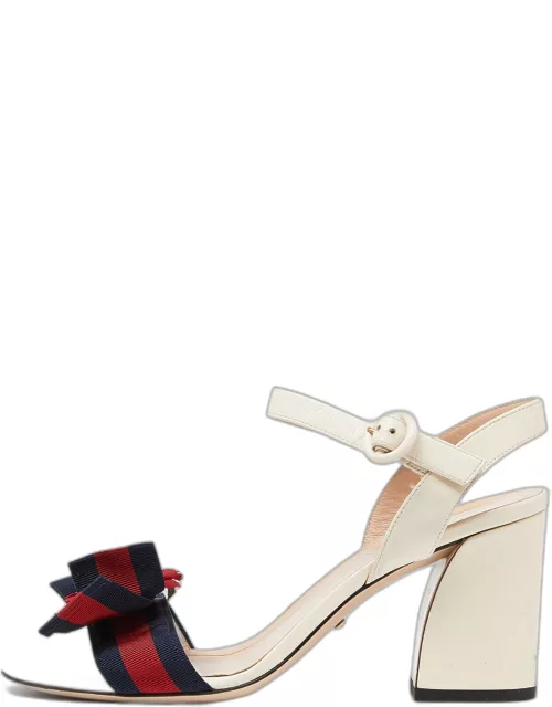 Gucci Cream Leather and Canvas Bow Flower Ankle Strap Sandal