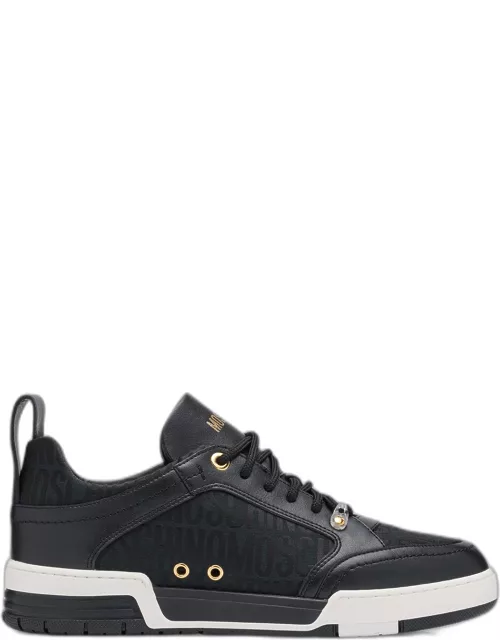 Men's Nylon-Logo and Leather Low-Top Sneaker