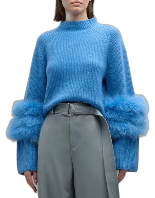 Airy Cashmere-Silk Crop Raglan Sweater With Marabou Feather