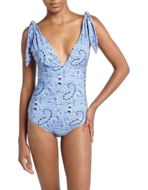 Paisley-Printed V-Neck One-Piece Swimsuit