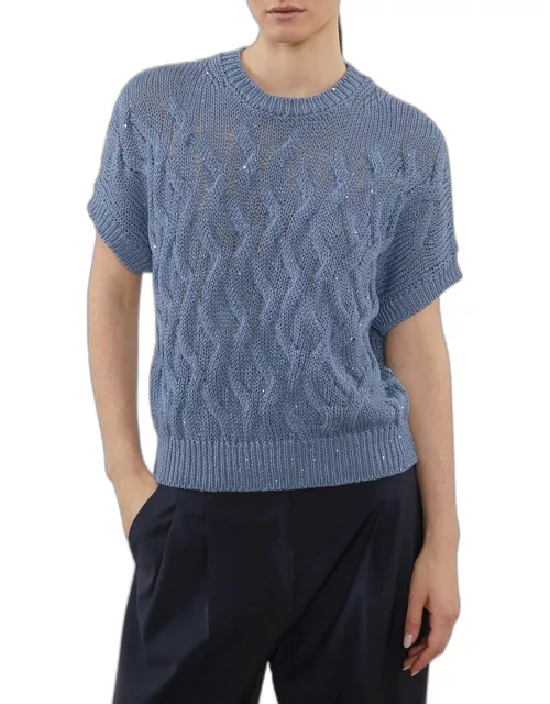 Short-Sleeve Cable-Knit Crewneck Sweater