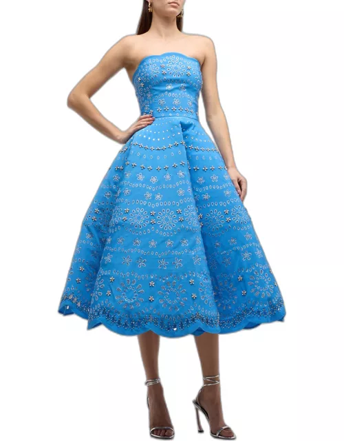 Strapless Crystal Eyelet Scallop Midi Cocktail Dres