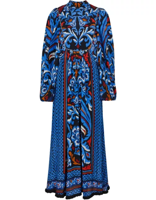 Farm Rio Toucans Printed Satin Maxi Dress - Blue - L (UK14 / L)