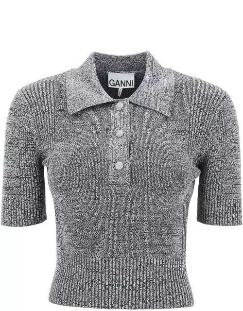 GANNI Stretch knit polo top with jewel button
