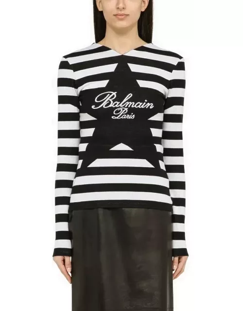 Black and white striped shirt with cotton logo