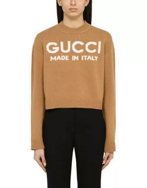 Camel-coloured wool sweater with logo