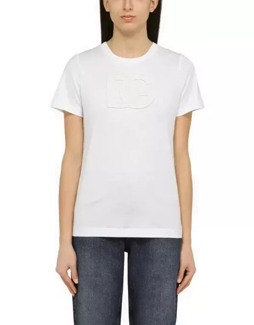 White crew-neck T-shirt with logo embroidery in cotton