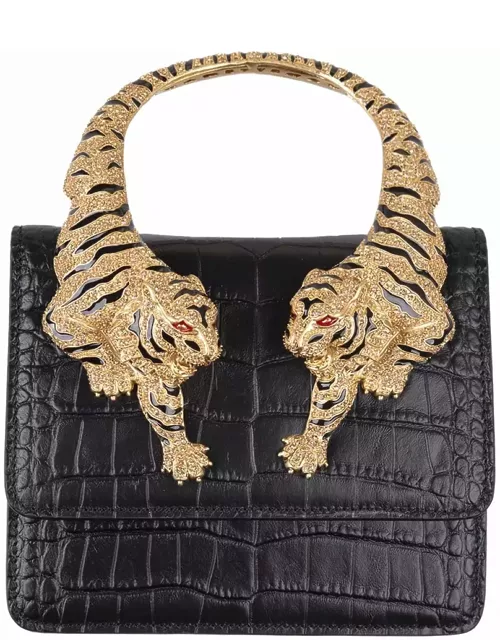 Roberto Cavalli Black Medium Roar Shoulder Bag With Jewelled Tiger