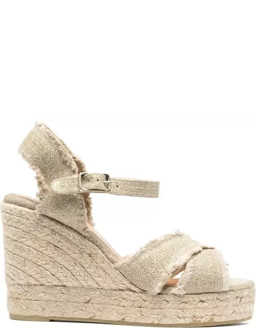 Castañer Beige Wedge Sandals With Criss-crossed Straps In Canvas And Straw Woman Castaner