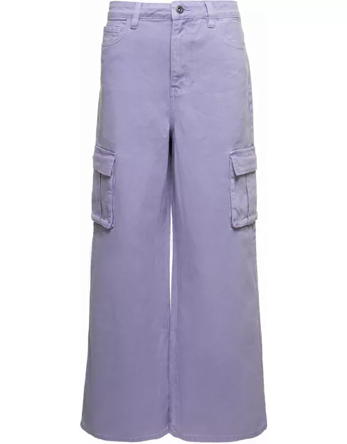 self-portrait Liliac Cargo Wide-leg Jeans With Logo Patch In Cotton Denim Woman