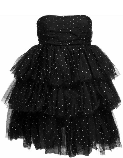 Rotate by Birger Christensen Mini Black Flounced Dress With All-over Rhinestones Embellishment In Mesh Woman