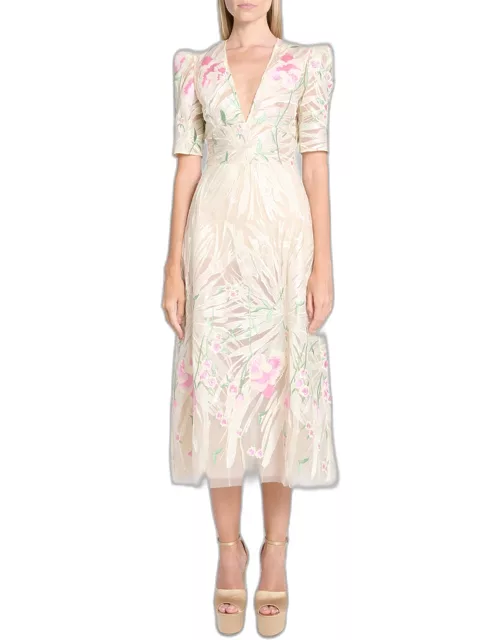 Plunging Floral Embroidered Tulle Short-Sleeve Midi Dres