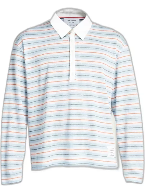 Men's Stripe Linen Jersey Long-Sleeve Polo Shirt