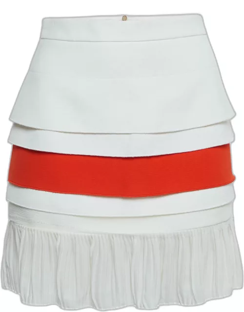 Victoria Beckham Off-White/Orange Cotton Tiered Mini Skirt