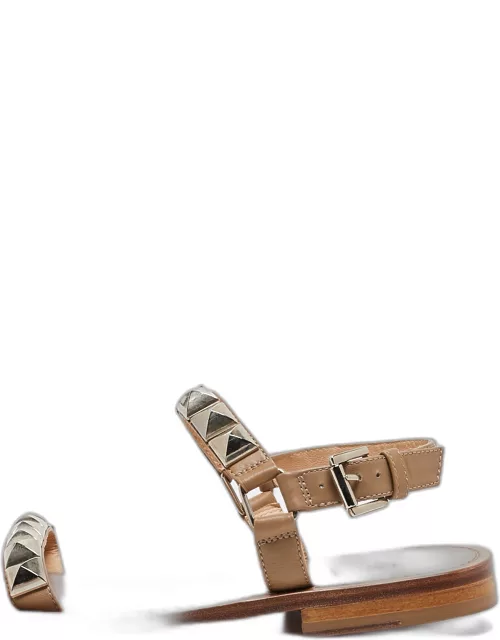Christian Louboutin Beige Leather Studded Ankle Strap Flat Sandal
