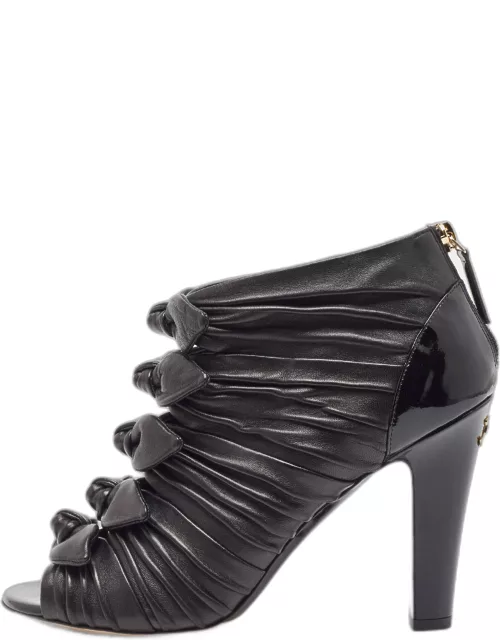 Chanel Black Pleated Leather Knotted Bow Open Toe Bootie