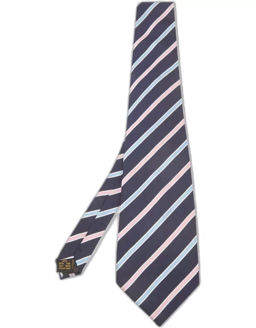 Ermenegildo Zegna Vintage Navy Blue Diagonal Striped Silk Traditional Tie
