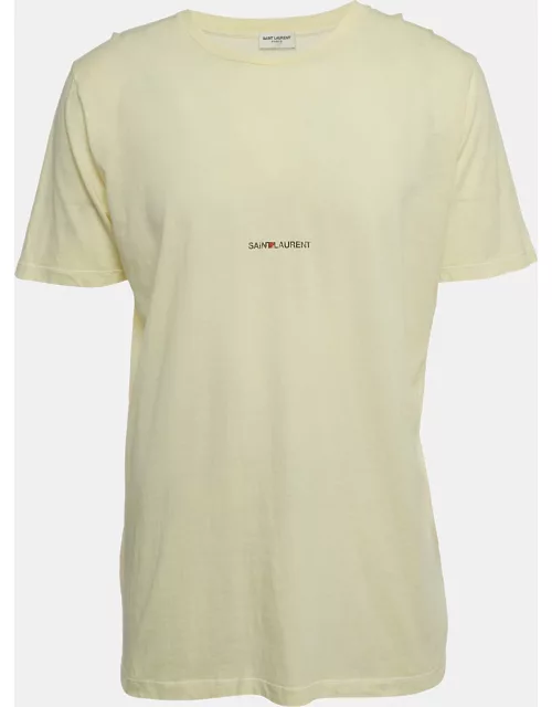 Saint Laurent Light Yellow Logo Print Cotton Relaxed Fit T-Shirt