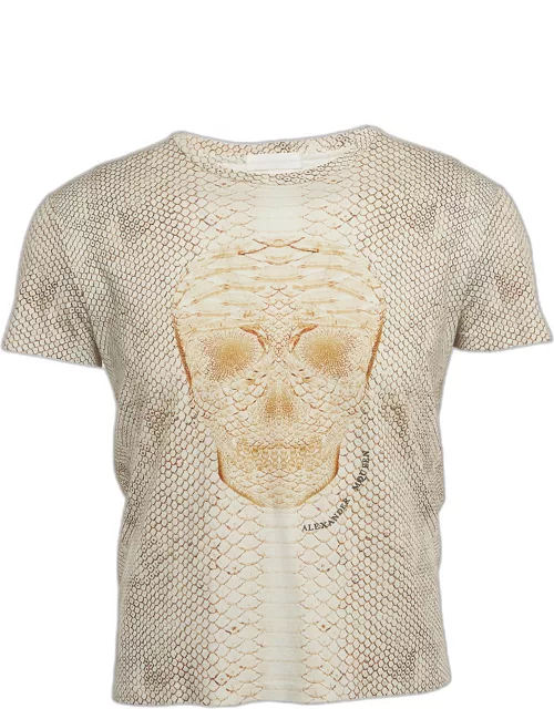 Alexander McQueen Cream Snake Print Skull Front Cotton Half Sleeve T-Shirt