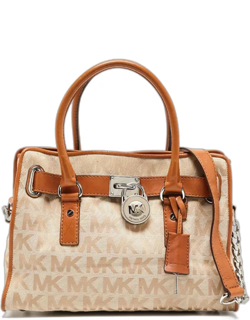 MICHAEL Michael Kors Beige/Brown Signature Canvas and Leather Hamilton Lock Tote