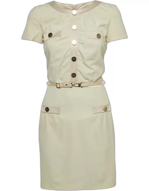Elisabetta Franchi Cream Crepe Button Detail Belted Mini Dress
