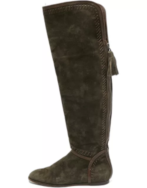Jimmy Choo Green Suede and Leather Knee Length Boot