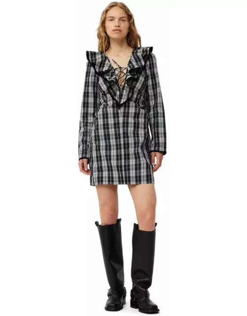 GANNI Checkered Cotton Ruffle V-neck Mini Dress in Black