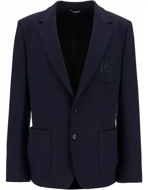 Dolce & Gabbana Blue Single-breasted Jacket With Tonal Dg Logo Embroidery In Viscose Blend Man