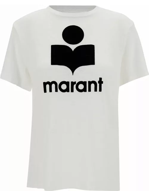 Marant Étoile White Crewneck T-shirt With Contrasting Logo Print In Linen Woman