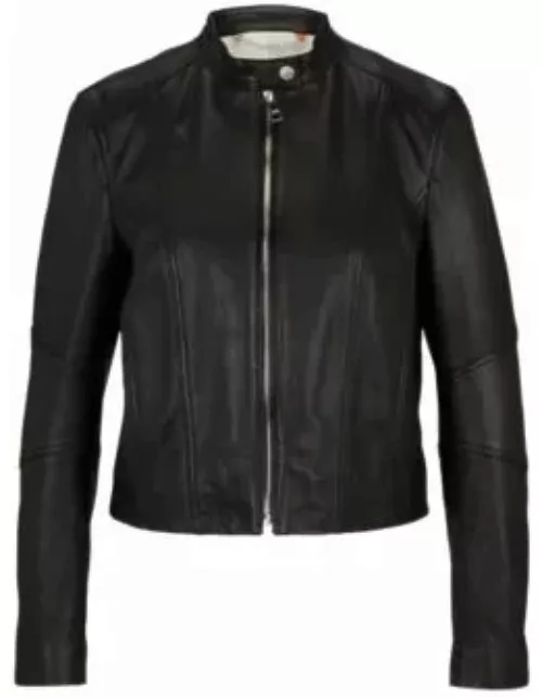 Slim-fit leather jacket with zip closure- Black Women's Leather Jacket