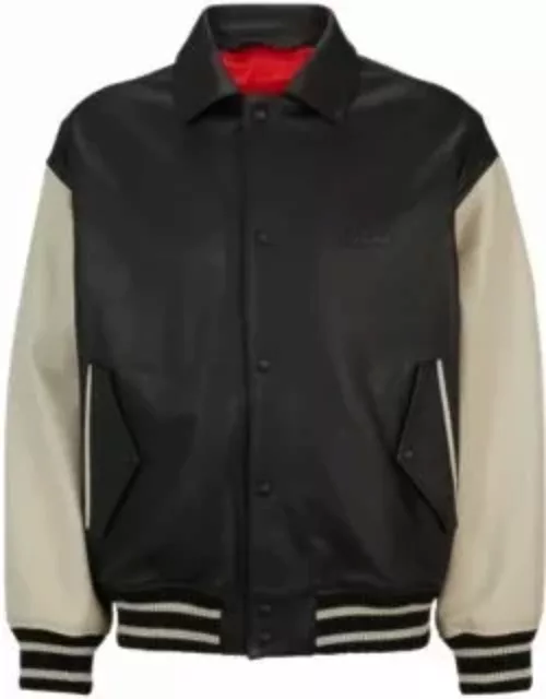 Leather varsity jacket with over