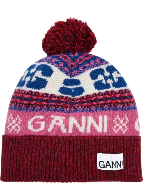 Ganni Pompom Logo-intarsia Wool-blend Beanie - Multicoloured
