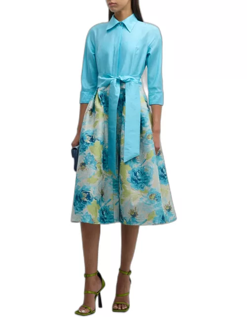 3/4-Sleeve Floral Jacquard Midi Shirtdres