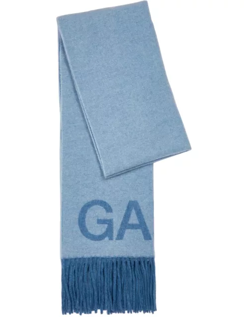 Ganni Logo Fringed Wool Scarf - Light Blue