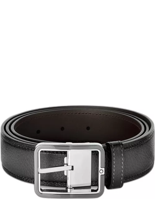Men's Rectangle-Buckle Grained Leather Belt, 35m