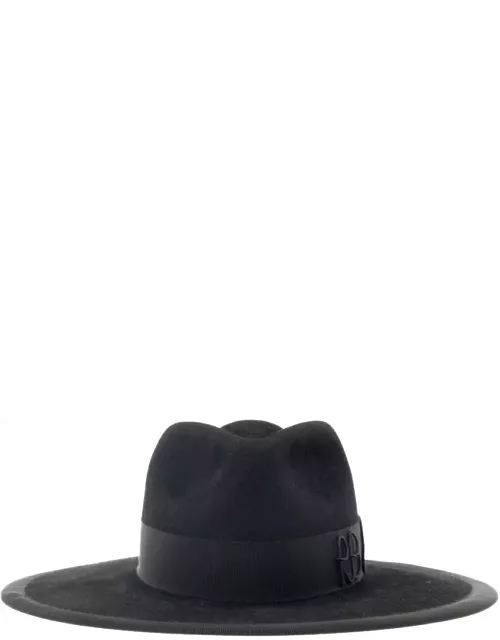 Ruslan Baginskiy Black Fedora Hat With Rb Embroidery In Felt Woman