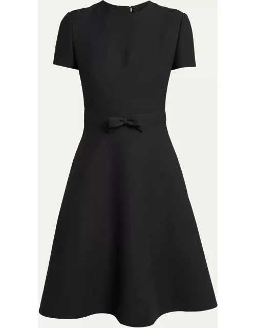 Tonal Bow Waist Crepe Couture Flare Wool Dres