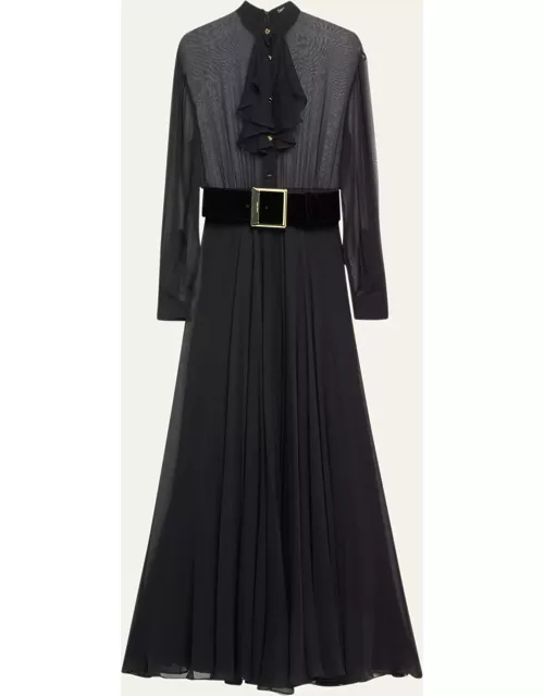 Sheer Belted Maxi Dress with Ruffle Top