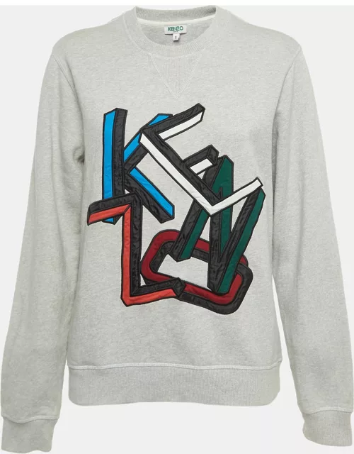Kenzo Grey Logo Embroidered Cotton Crew Neck Sweatshirt