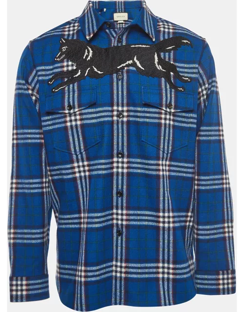 Gucci Blue Checked Wool Wolf Embroidered Flannel Shirt