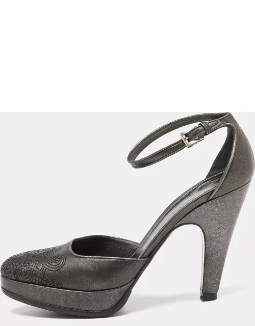 Prada Metallic Dark Grey Leather Ankle Strap Platform Sandal